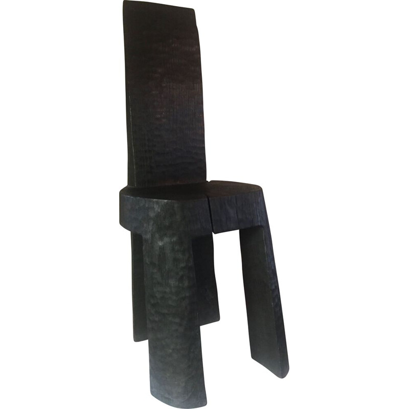 Sculpture vintage monoxyle prototype en chêne brulé et noirci de Bertrand Lacourt