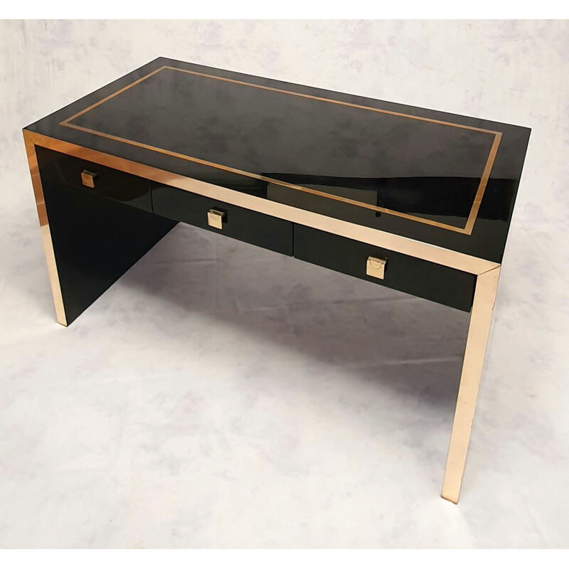 Vintage desk in lacquered wood & brass by Jean Claude Mahey, France 1970s