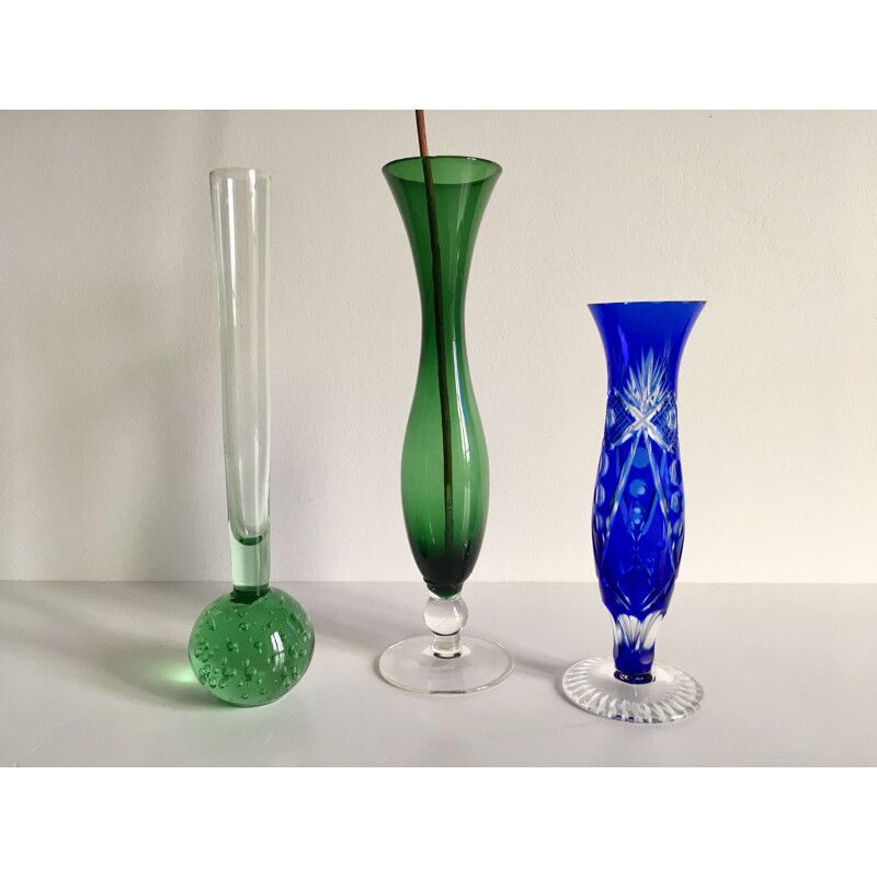 Set of 3 vintage coloured glass and crystal vases
