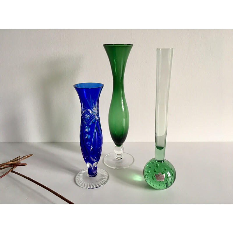 Set of 3 vintage coloured glass and crystal vases