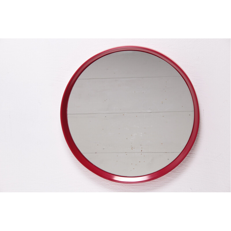 Round red vintage wall mirror, 1960s