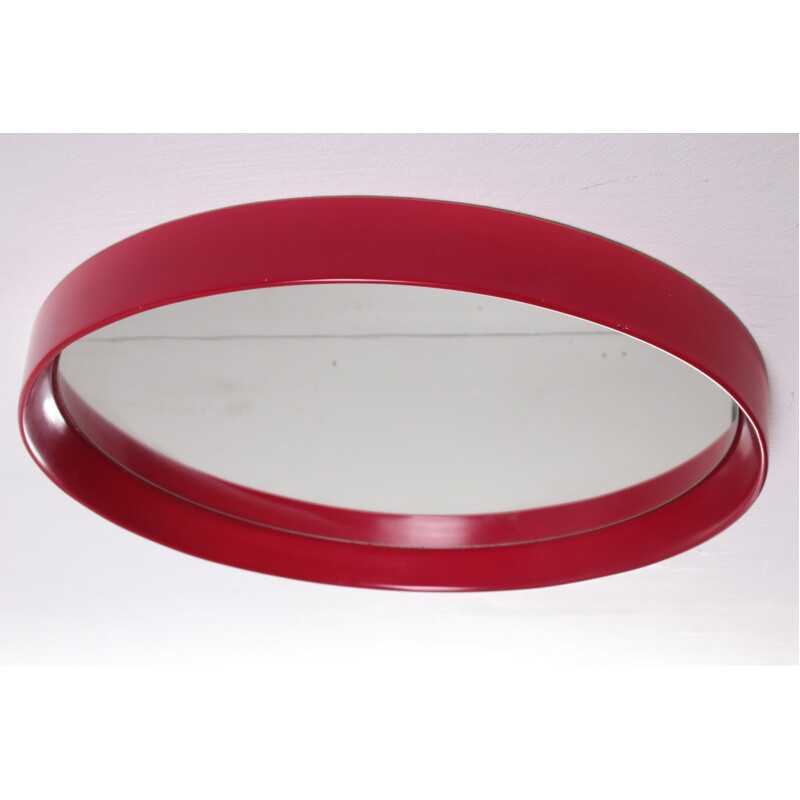 Round red vintage wall mirror, 1960s