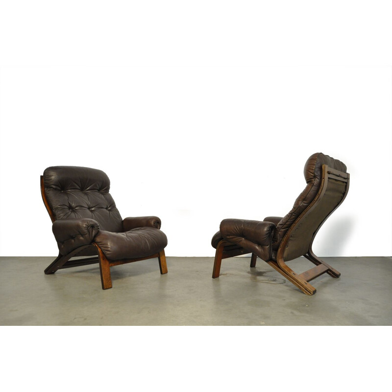 Pair of vintage sturdy lounge armchairs by Oddvin Rykken for Rybo, Norway 1970s