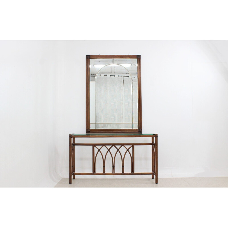 Vintage console in rattan with mirror by Telemaco for Gasparucci Italo, Italian 1970s