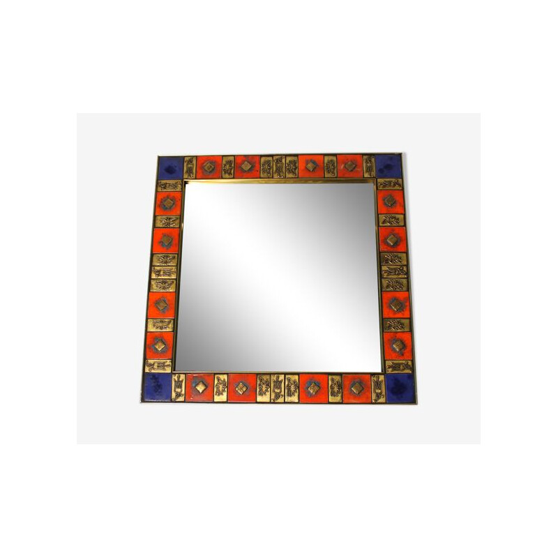 Square vintage mirror in gilded brass and glazed ceramic, 1970