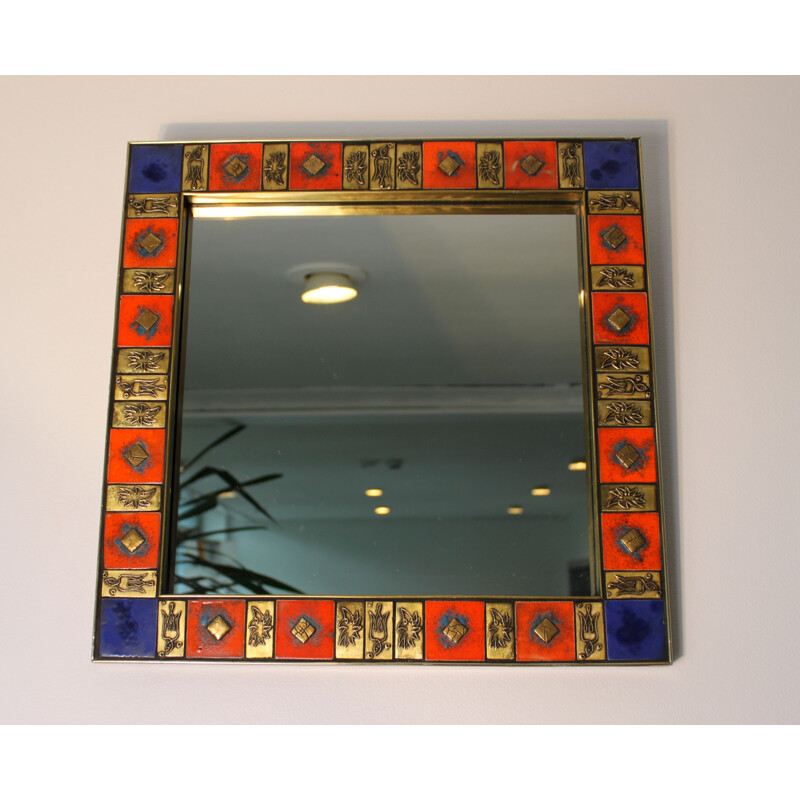 Square vintage mirror in gilded brass and glazed ceramic, 1970