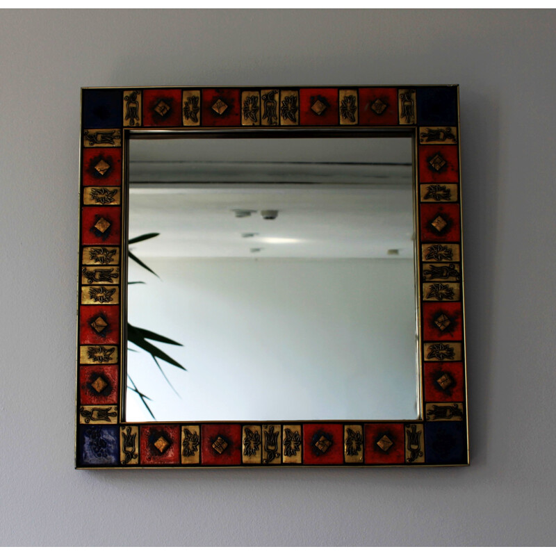 Espelho quadrado vintage em latão dourado e cerâmica vidrada, 1970