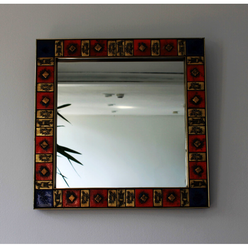 Square vintage mirror in gilded brass and glazed ceramic, 1970