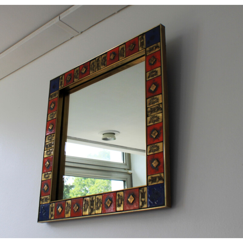 Square vintage mirror in gilded brass and glazed ceramic, 1970