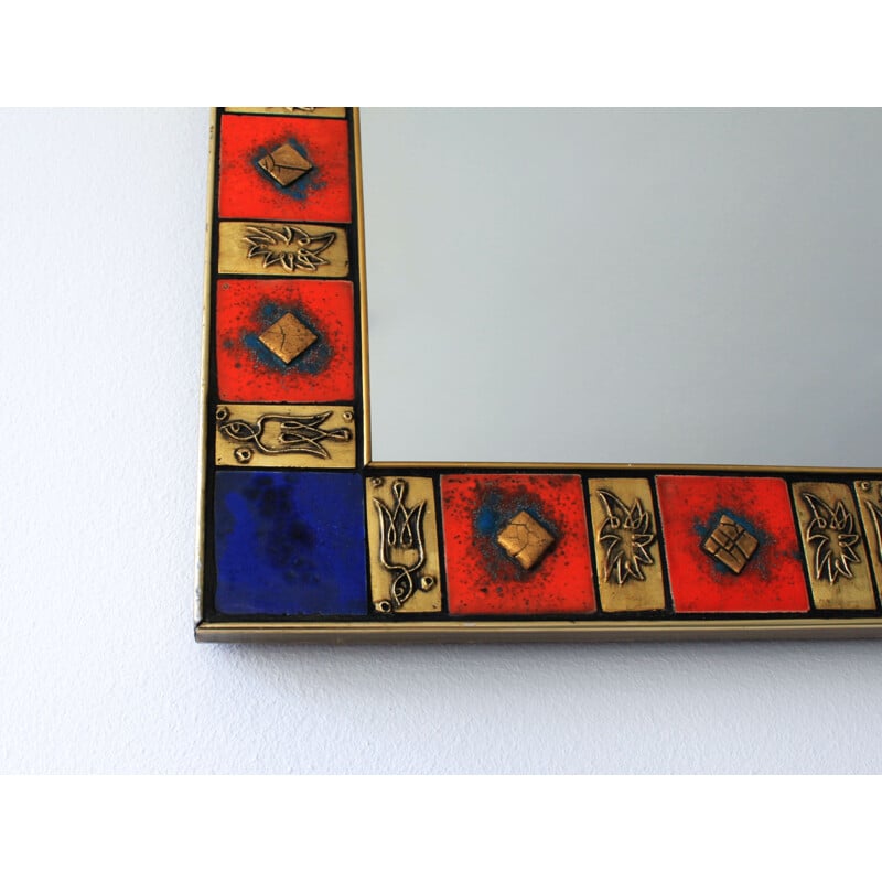 Square vintage mirror in gilded brass and glazed ceramic, 1970