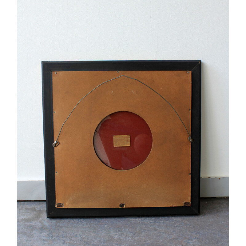 Square vintage mirror in gilded brass and glazed ceramic, 1970