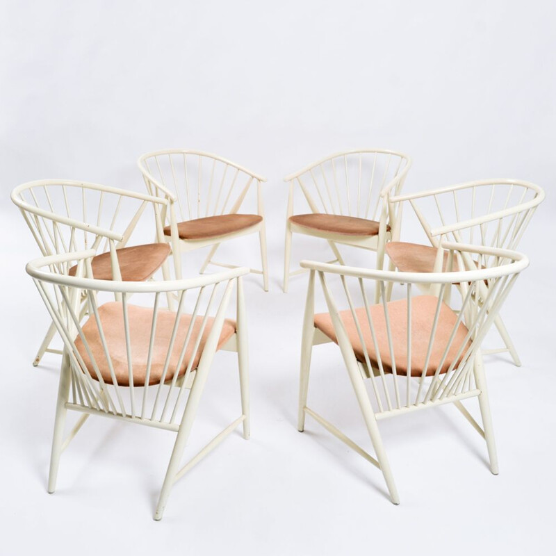 Set of 6 vintage "Sunfeather" chairs in white and pink velvet by Sonna Rosen for Nassjo Stolfabrik, Sweden 1950