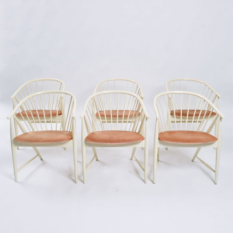 Juego de 6 sillas vintage "Sunfeather" en terciopelo blanco y rosa de Sonna Rosen para Nassjo Stolfabrik, Suecia 1950