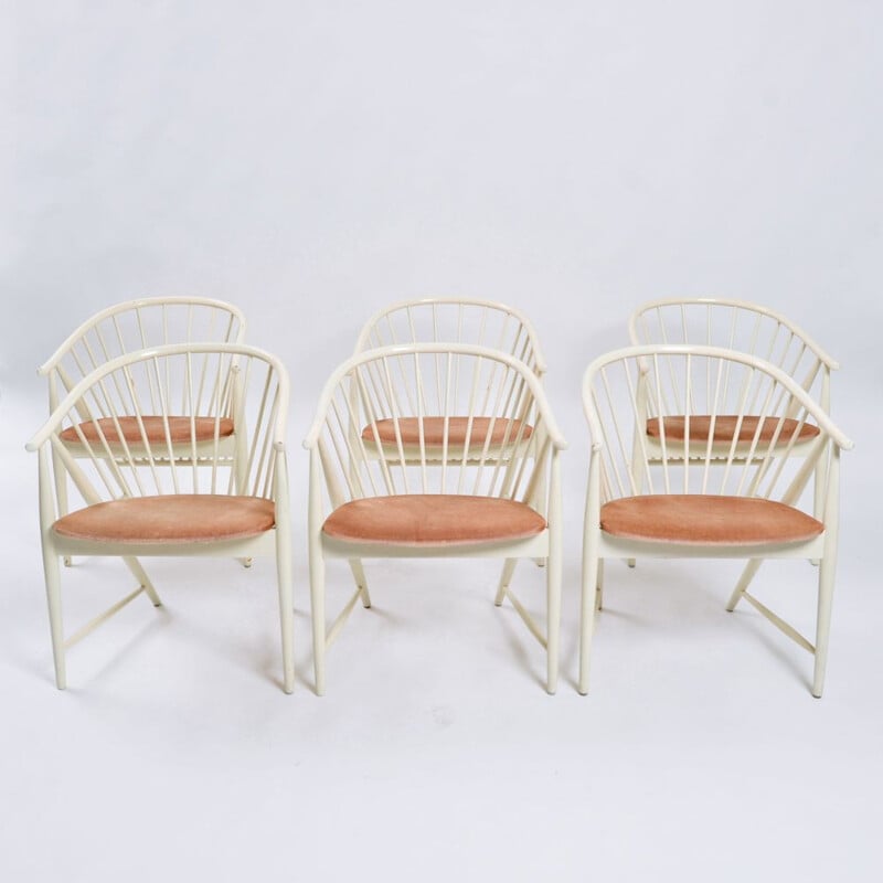 Set of 6 vintage "Sunfeather" chairs in white and pink velvet by Sonna Rosen for Nassjo Stolfabrik, Sweden 1950