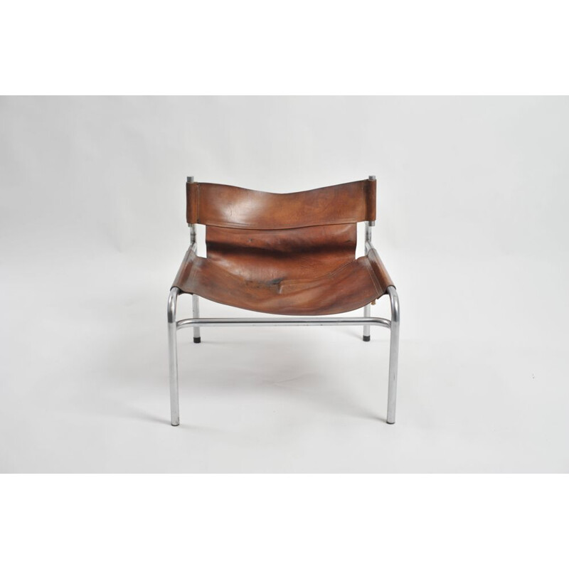 Vintage leather brown lounge chair sz12 by Walter Antonis for 't Spectrum, Netherlands 1970s