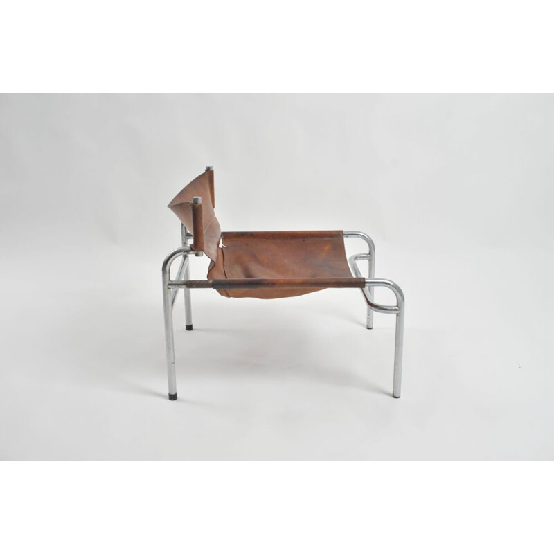 Vintage leather brown lounge chair sz12 by Walter Antonis for 't Spectrum, Netherlands 1970s