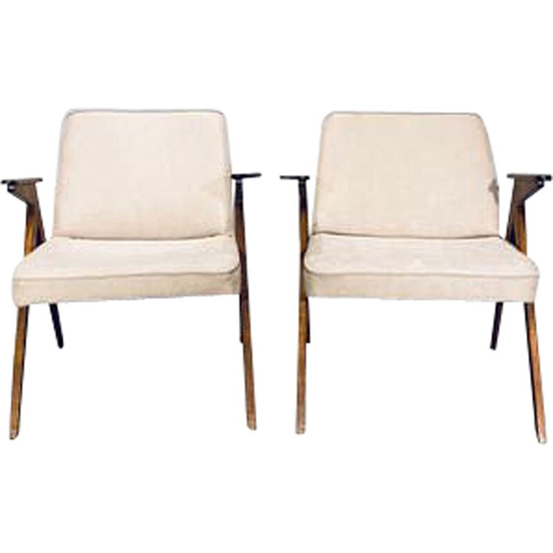 Pair of vintage wooden frame armchairs "Bunny" by J. Chierowski, 1962