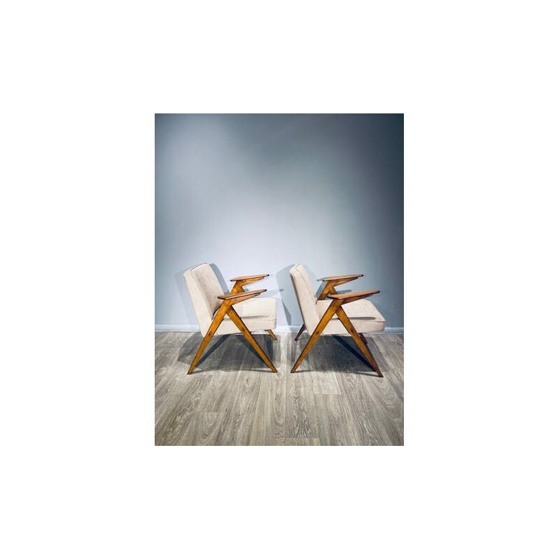 Pair of vintage wooden frame armchairs "Bunny" by J. Chierowski, 1962