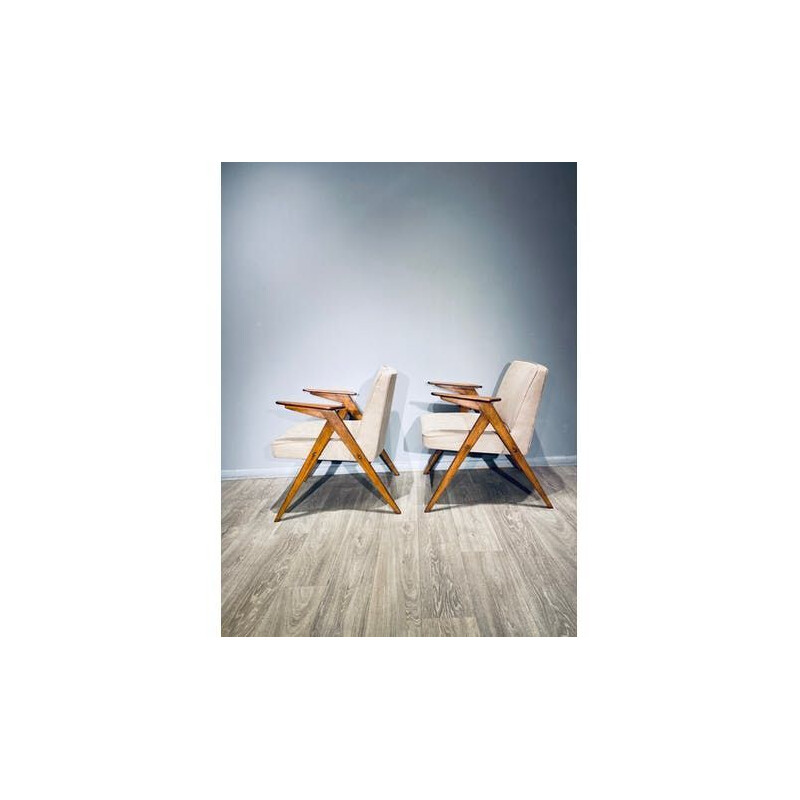 Pair of vintage wooden frame armchairs "Bunny" by J. Chierowski, 1962