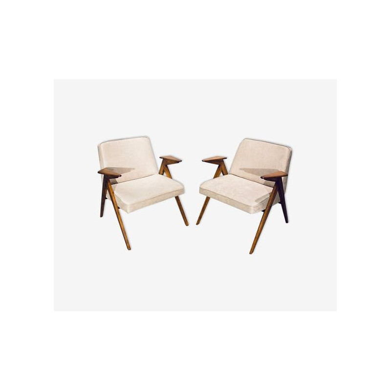 Pair of vintage wooden frame armchairs "Bunny" by J. Chierowski, 1962