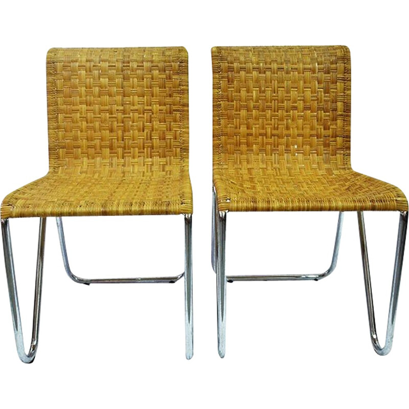 Pair of Dutch Gispen "Diagonal Chair" in rattan and metal - 1930s