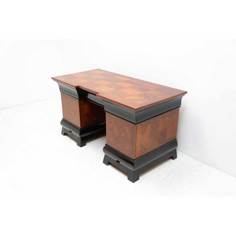 Vintage art deco desk in beech and mahogany, "Bohemia", Czechoslovakia 1930