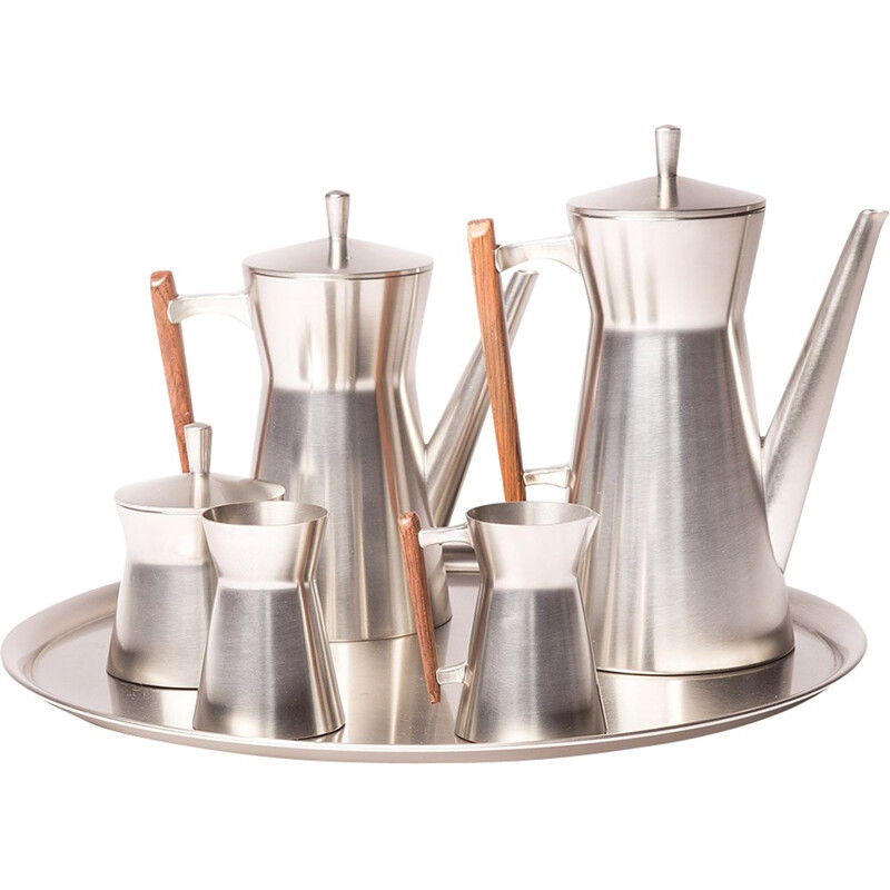 Dutch Metawa tea and coffee set in pewter and teak - 1960s