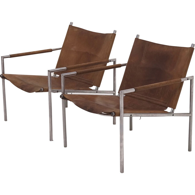 Set of 2 't Spectrum cognac leather lounge chairs, Martin VISSER - 1960s