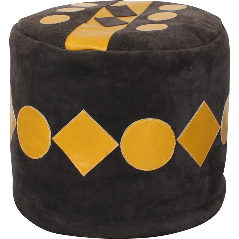 Mid-century foot rest in grey suede with yellow patterns - 1960s