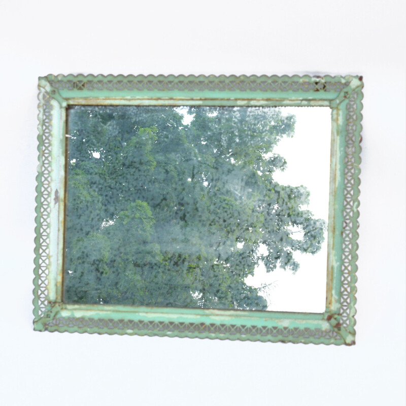 Vintage handcrafted cooperative mirror in a steel frame from Częstochowa, Poland 1960