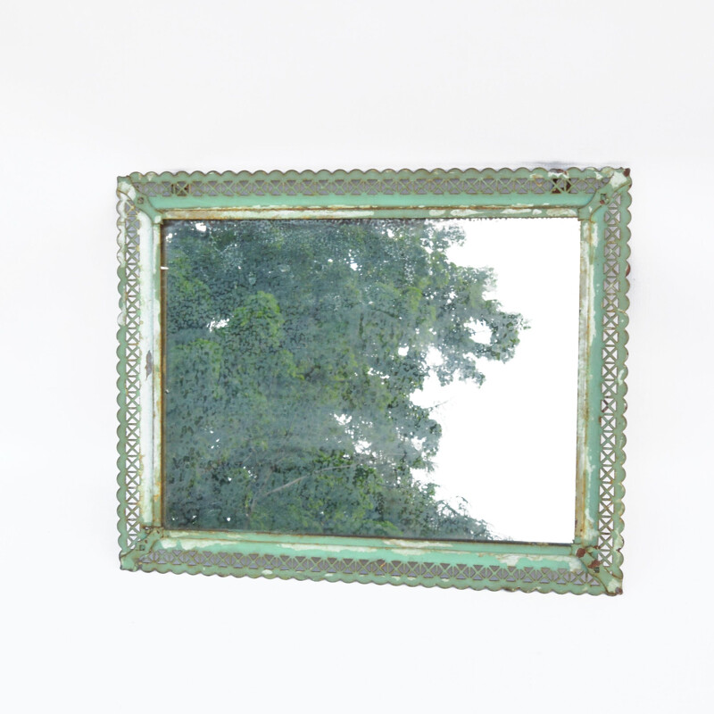 Vintage handcrafted cooperative mirror in a steel frame from Częstochowa, Poland 1960