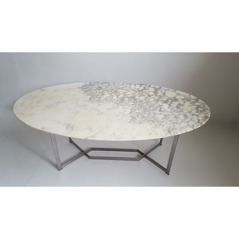 Table de repas ovale en marbre avec piétement inox, Paul LEGEARD - 1970