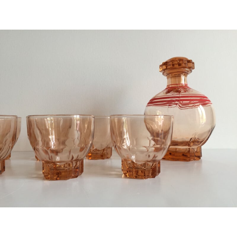 Ensemble à digestif vintage en verre rosé