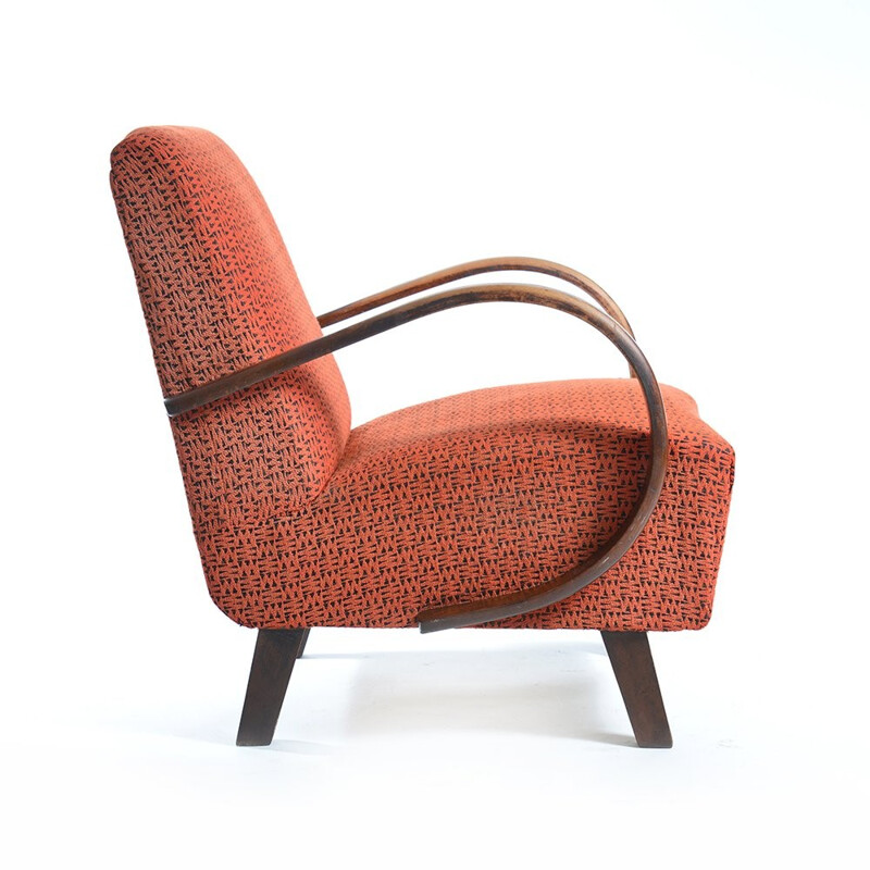 Paire de fauteuils rouges imprimés en bois et tissu, Jindrich HALABALA - 1960