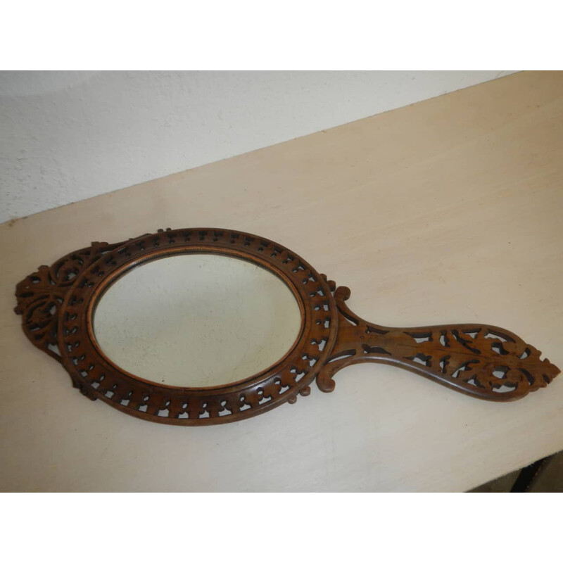 Vintage makeup mirror in olive and walnut inlay wood, 1930