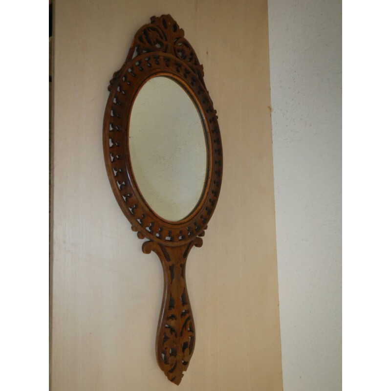 Vintage makeup mirror in olive and walnut inlay wood, 1930