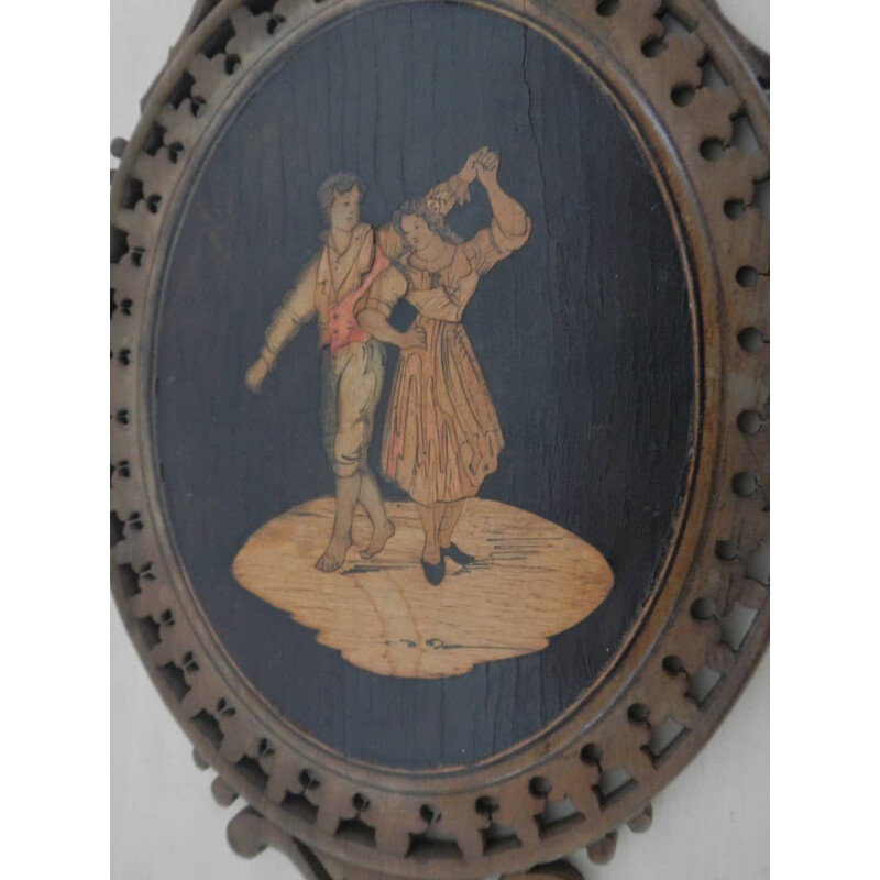 Espelho de maquilhagem em madeira de oliveira e nogueira vintage inlaid, 1930