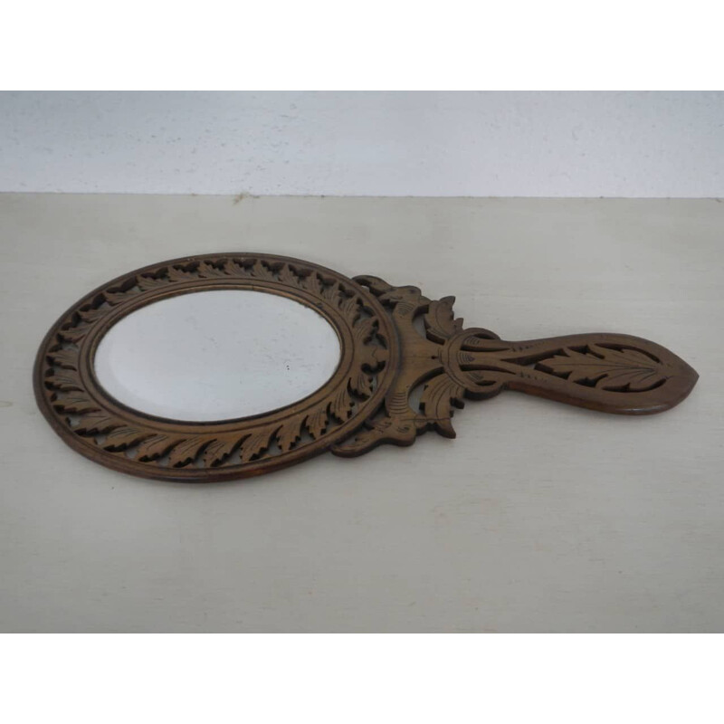 Vintage makeup mirror in olive and walnut wood inlay, 930