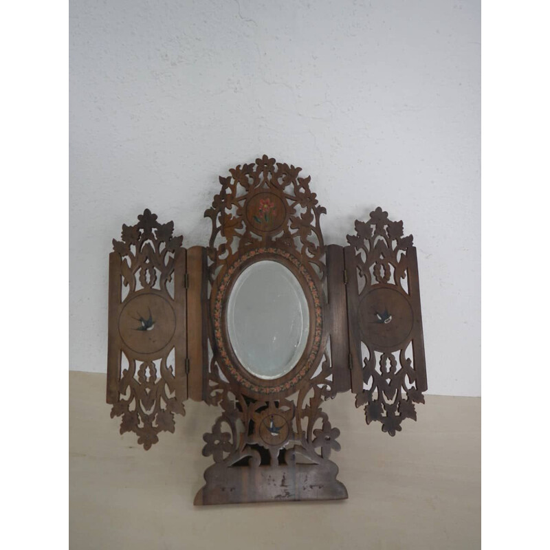 Espelho dobrável Vintage em madeira de oliveira e nogueira, 1930