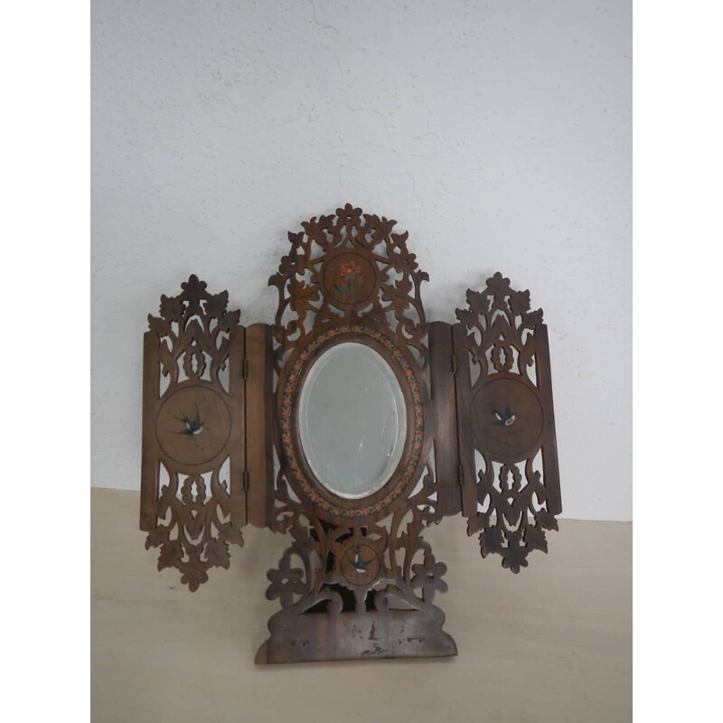 Vintage folding mirror inlaid with olive and walnut wood, 1930