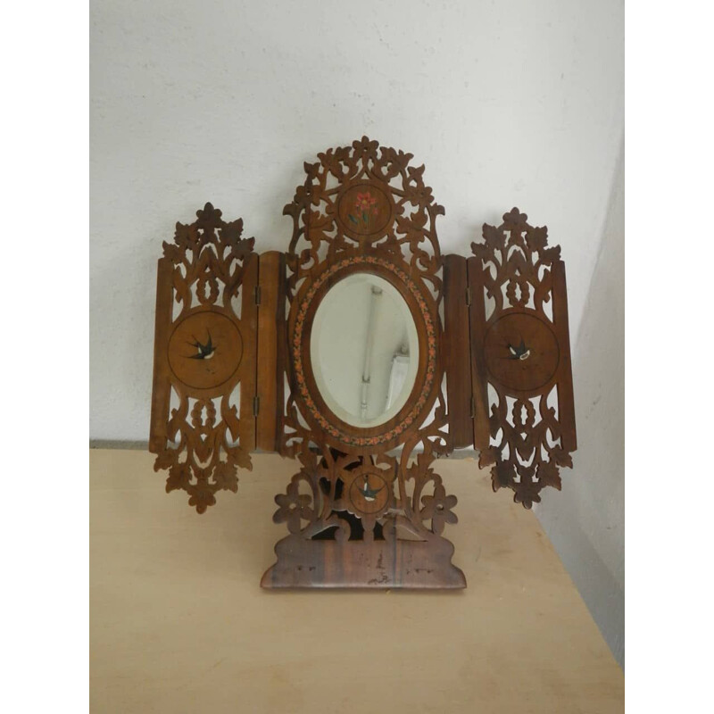 Vintage folding mirror inlaid with olive and walnut wood, 1930