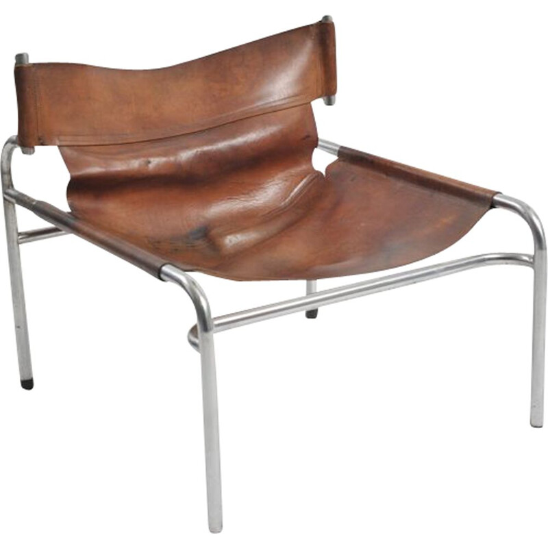 Fauteuil lounge vintage en cuir marron sz12 par Walter Antonis pour 't Spectrum, Pays-Bas 1970