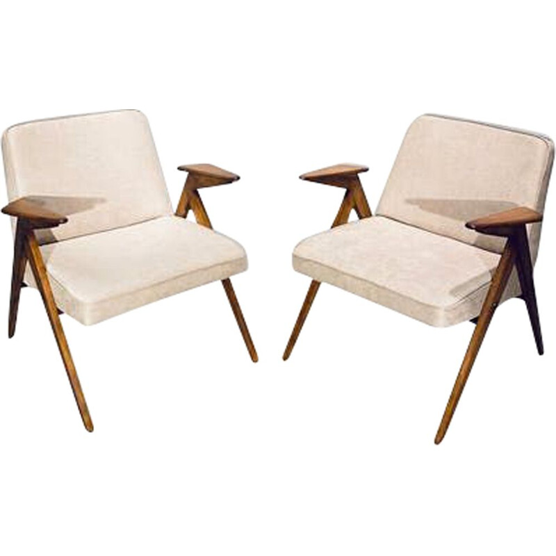 Pair of vintage wooden frame armchairs "Bunny" by J. Chierowski, 1962