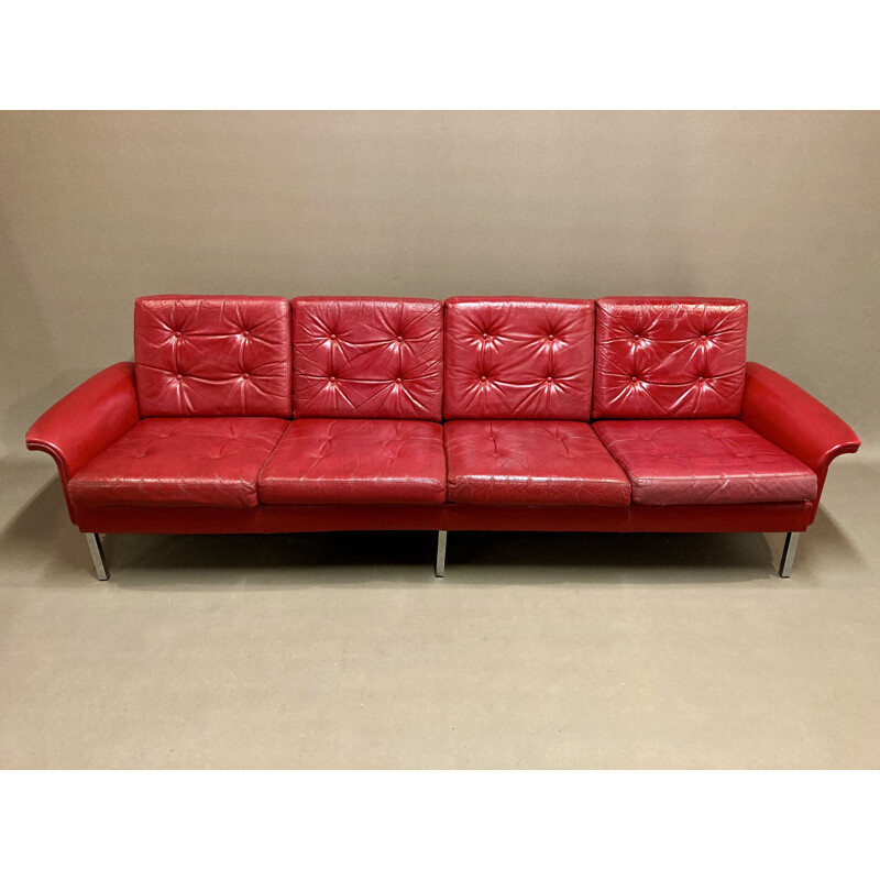 Vintage 4 seater red leather sofa, 1950