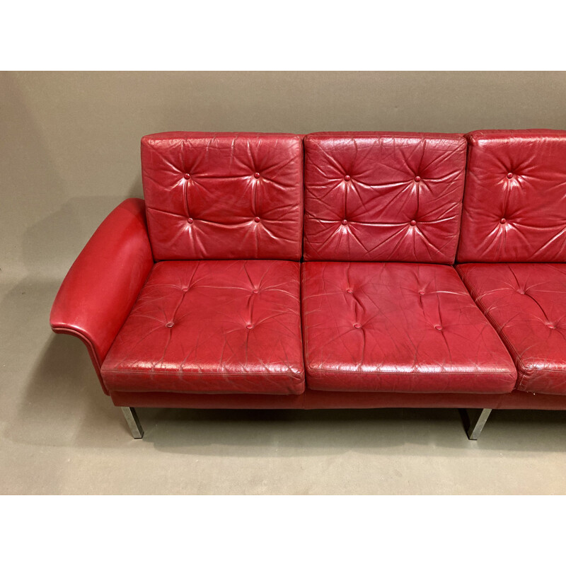 Vintage 4 seater red leather sofa, 1950