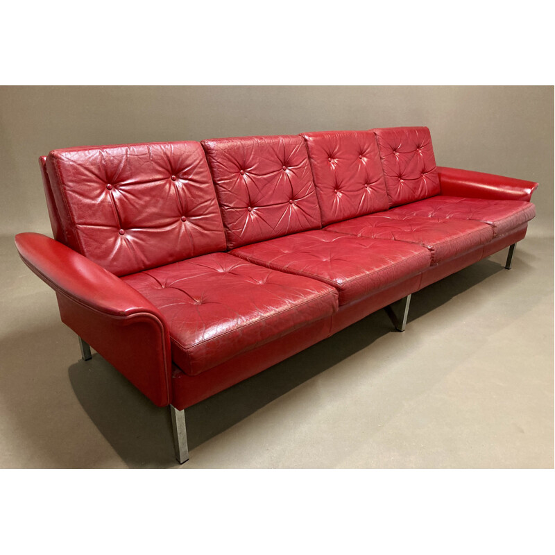 Vintage 4 seater red leather sofa, 1950
