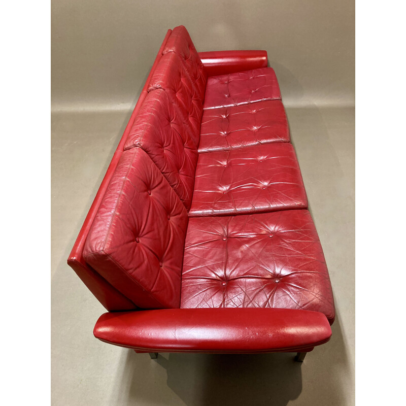 Vintage 4 seater red leather sofa, 1950