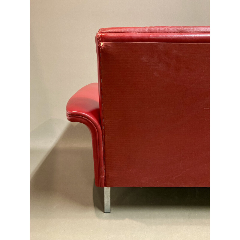 Canapé vintage 4 places en cuir rouge, 1950