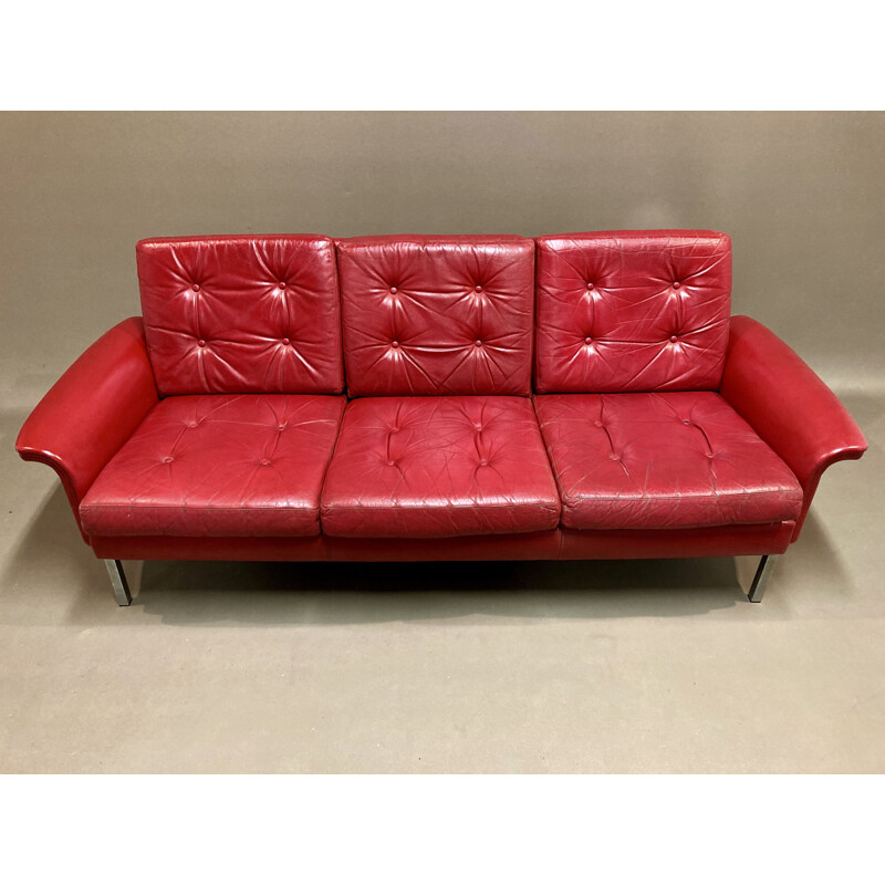 Vintage 3 seater red leather sofa, 1950s