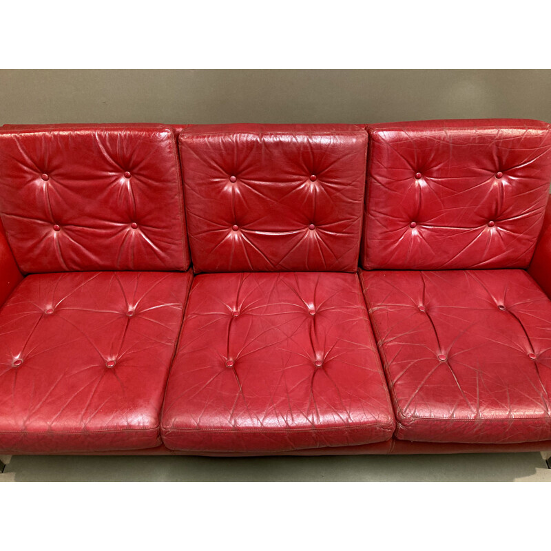 Canapé vintage 3 places en cuir rouge, 1950
